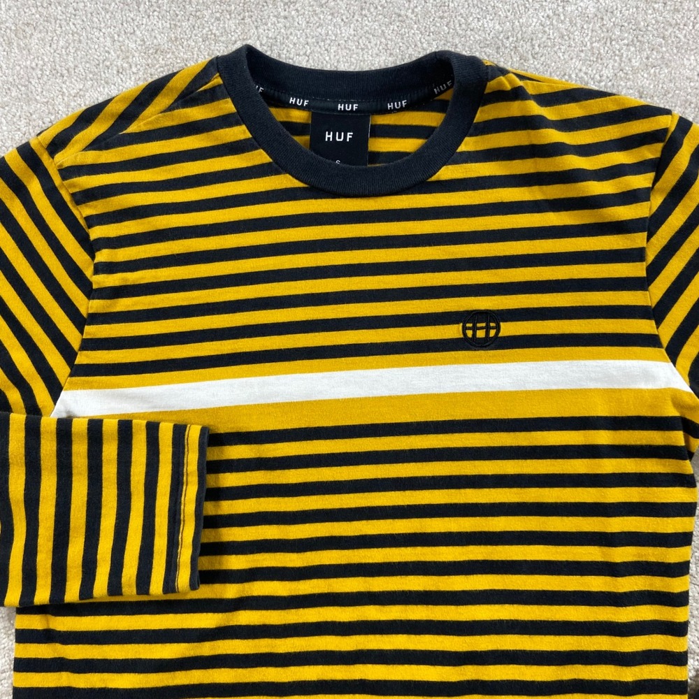 HUF Striped Long Sleeve T-Shirt Mens Small Yellow Black‎ White Logo Tee